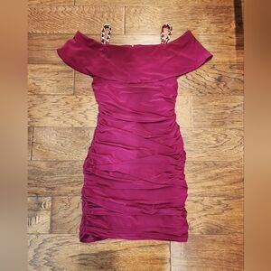 R&M Richards Off-Shoulder Ruched Mini Dress in Berry
